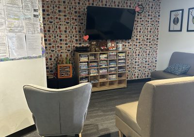 Living room with a collection of DVDs and a television on the wall