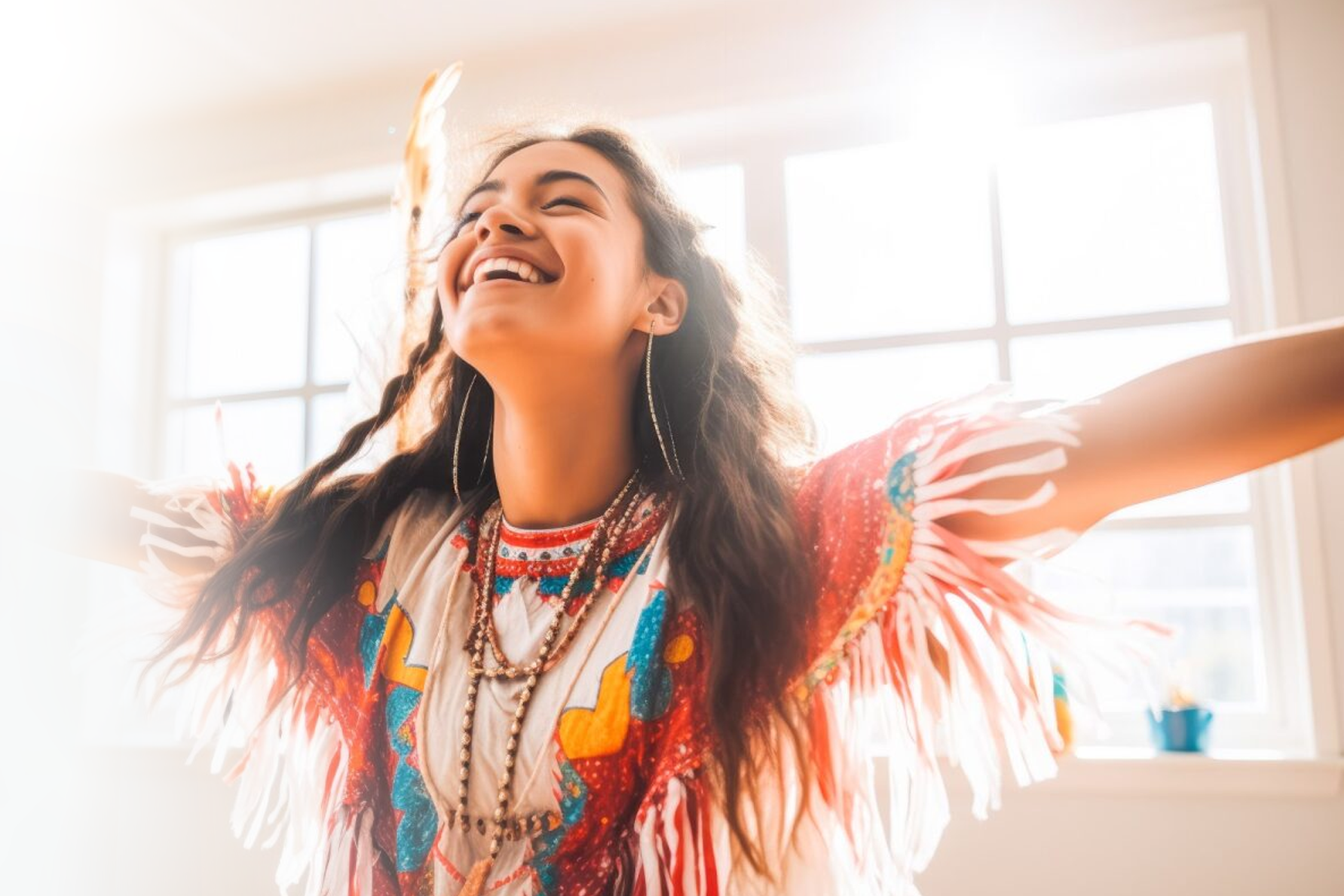 Young Native American Indigenous girl with arms out